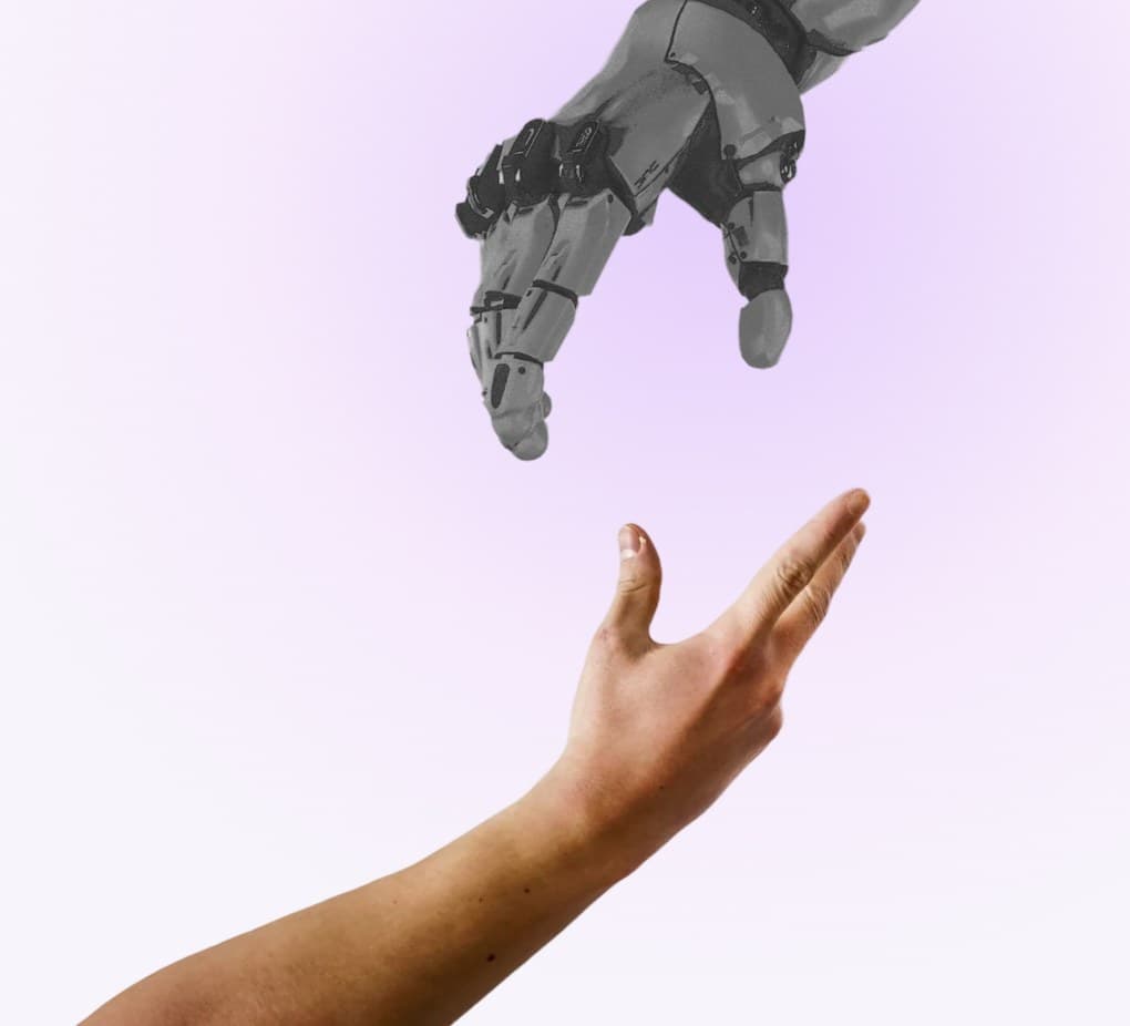 A robotic hand reaching toward a human hand
